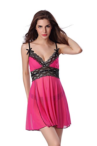 Aidonger Damen Gaze-Sling transparent Spitze Nachtkleid klassisch A-Form mit G String, Gr. S-2XL, weitere Farbe - 