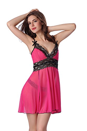 Aidonger Damen Gaze-Sling transparent Spitze Nachtkleid klassisch A-Form mit G String, Gr. S-2XL, weitere Farbe - 