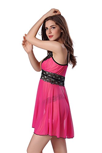 Aidonger Damen Gaze-Sling transparent Spitze Nachtkleid klassisch A-Form mit G String, Gr. S-2XL, weitere Farbe - 