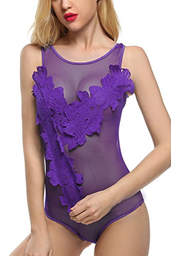 Avidlove Damen Nachtkleid Bodydoll Reizwaesche Lingerie mit großen Blumen Lila XXL - 