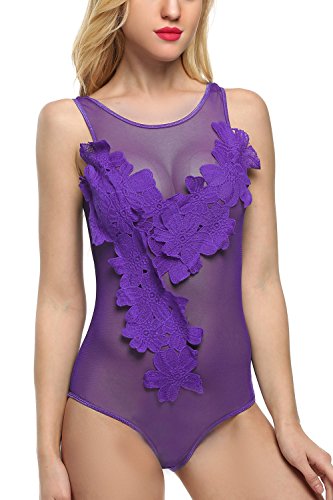 Avidlove Damen Nachtkleid Bodydoll Reizwaesche Lingerie mit großen Blumen Lila XXL - 