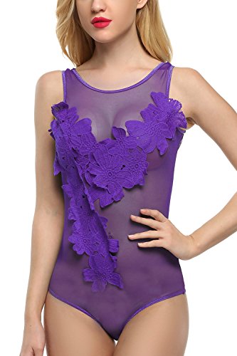 Avidlove Damen Nachtkleid Bodydoll Reizwaesche Lingerie mit großen Blumen Lila XXL -