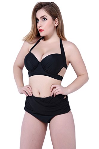 Baymate Damen Plus Size Klassisch Reine Farbe Bikini Set Push-Up Badeanzug Bademode Schwarz 3XL -