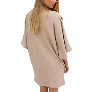Damen Pullover Volltonfarbe Irregular 3/4-Arm Hohe-Ausschnitt Frauen Minikleid Strickkleider Oberteile Cardigan Tops (XL, Apricot) - 