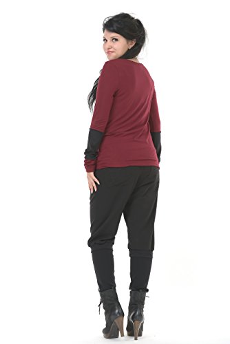 Longsleeve Damen / Langarmshirt mit Stulpenarm Frauen / Lockeres & luftiges Oberteil, bordeaux schwarz XL - 