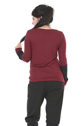 Longsleeve Damen / Langarmshirt mit Stulpenarm Frauen / Lockeres & luftiges Oberteil, bordeaux schwarz XL - 