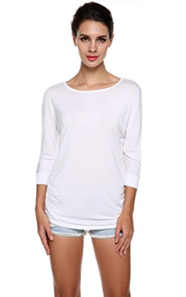 Meaneor Neu Damen 3/4-Arm T-Shirt Rundhals Batwing Tunika Slim Fit Shirts Basic Oberteile Weiß Gr. 42 -