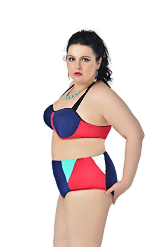 MissFox Damen Bikini Übergröße Hohe Taille Ausgeschnitten Badeanzüge Tankini (Marine,3XL) - 