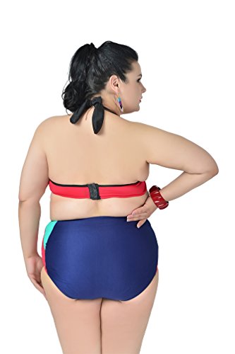 MissFox Damen Bikini Übergröße Hohe Taille Ausgeschnitten Badeanzüge Tankini (Marine,3XL) - 