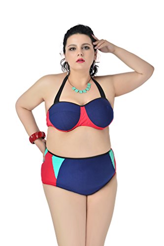 MissFox Damen Bikini Übergröße Hohe Taille Ausgeschnitten Badeanzüge Tankini (Marine,3XL) -