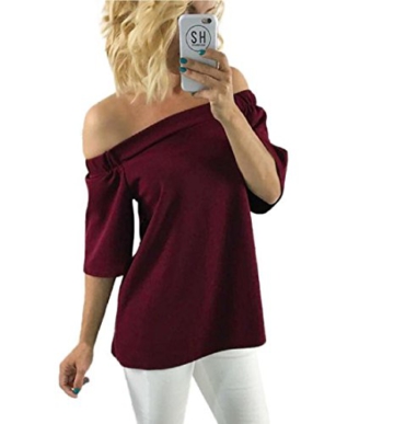 TOPUNDER Damen Schulterfreies Beiläufige Bluse Tops T-Shirt (XL, Rot) -