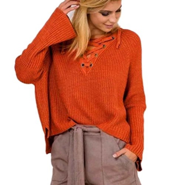 WOCACHI Damen Frauen Langarm Knit Long Top Pullover Stricken mit V-Ausschnitt lose beiläufige Pullover Orange (XL, Orange) -