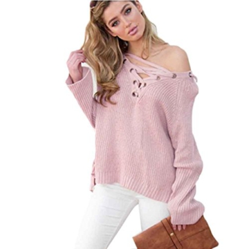 WOCACHI Damen Frauen Langarm Knit Long Top Pullover Stricken mit V-Ausschnitt lose beiläufige Pullover Rosa (XL, Rosa) -