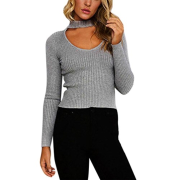 WOCACHI Damen Pullover Frauen Knit beiläufige Slim Fit Warm Lange Hülsen Pullover Outwear Tops Sweater Grau (XL, Grau) -