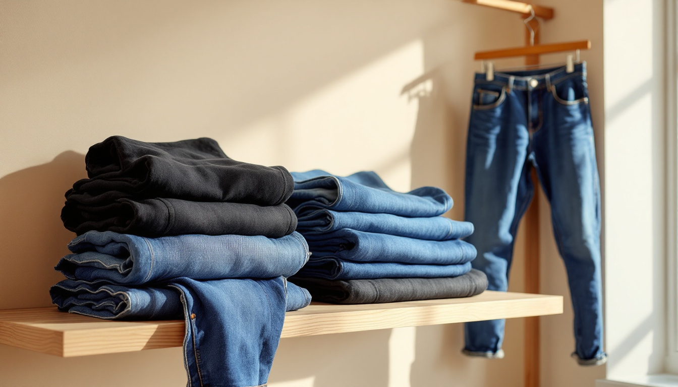 Verschiedene Jeans für kurvige Frauen richtig auswählen – gefaltete Denim-Modelle im Regal